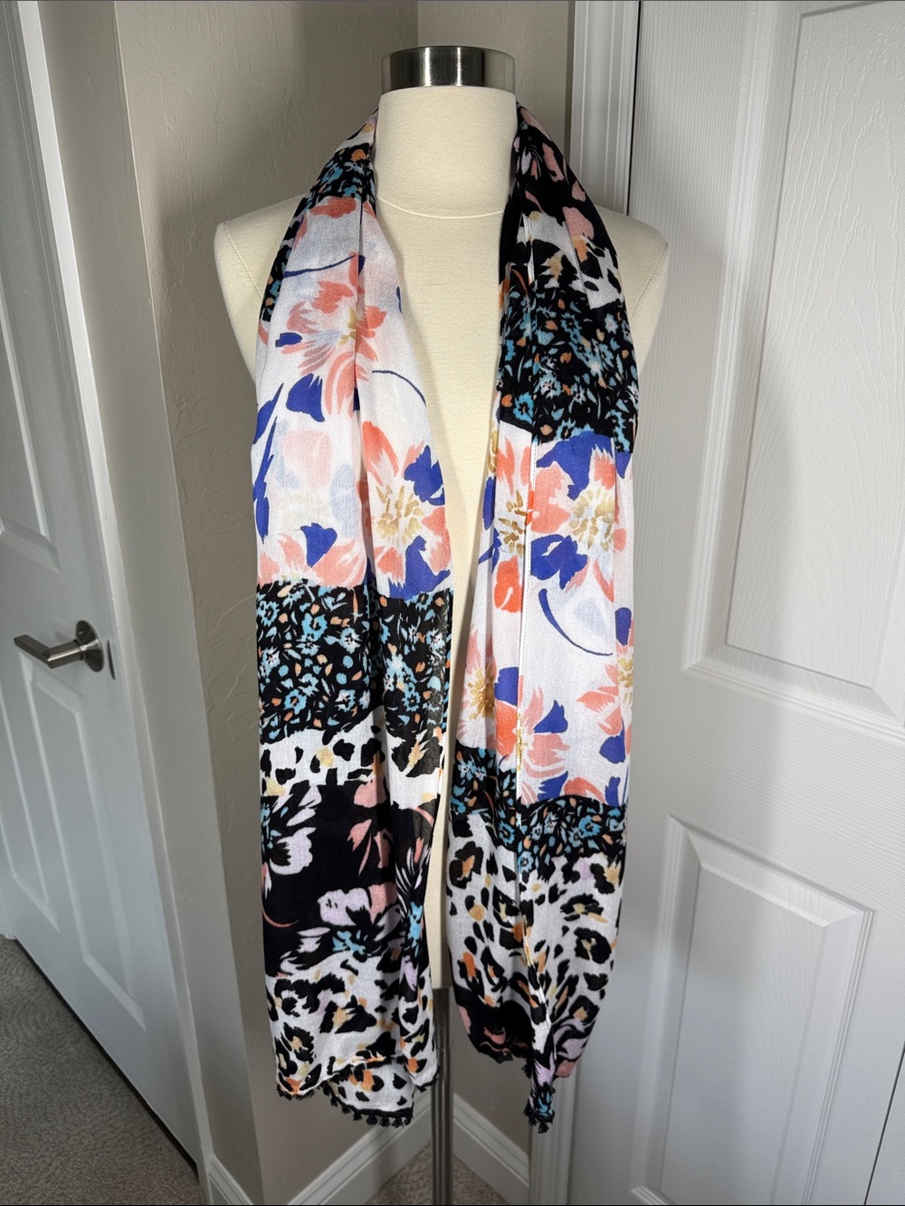 Cabi multicolor animal print floral scarf with fringe style #5238